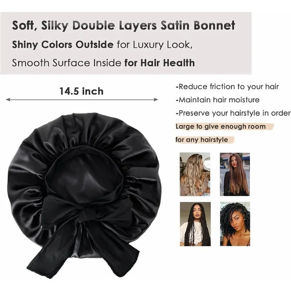 Yanibest Satin Bonnet Silk For Sleeping Hair Bonnet With Tie Band Head- Black - Picture 3 of 6